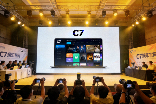 C7娱乐官网正式上线发布会现场，大屏幕显示C7 logo与全新平台界面