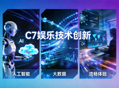C7娱乐技术创新概念图，展示人工智能、大数据、流畅体验等未来科技元素