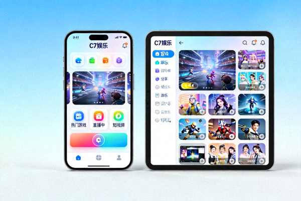 C7娱乐移动端应用在手机和平板上的界面展示，突出随时随地畅玩的特点