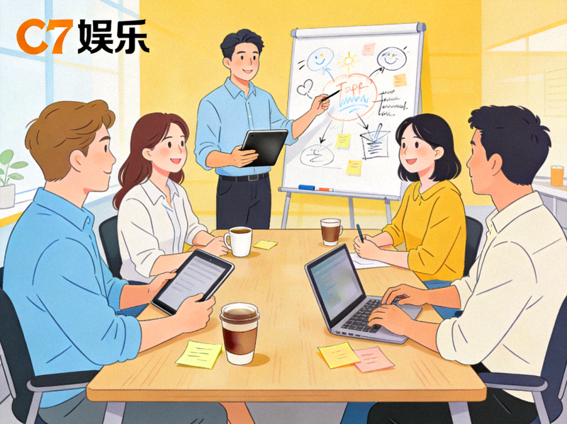 C7娱乐品牌故事插图：展示现代办公室协作与创意讨论的团队场景