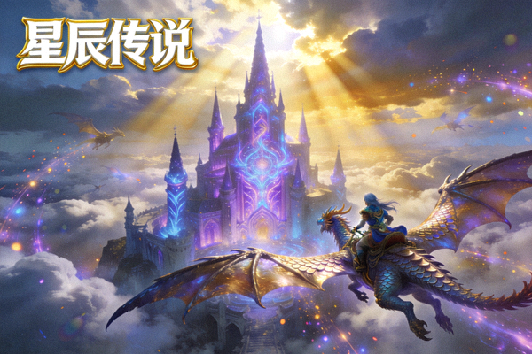 奇幻世界角色扮演游戏《星辰传说》精美场景截图，展示宏大的魔法城堡与飞行坐骑