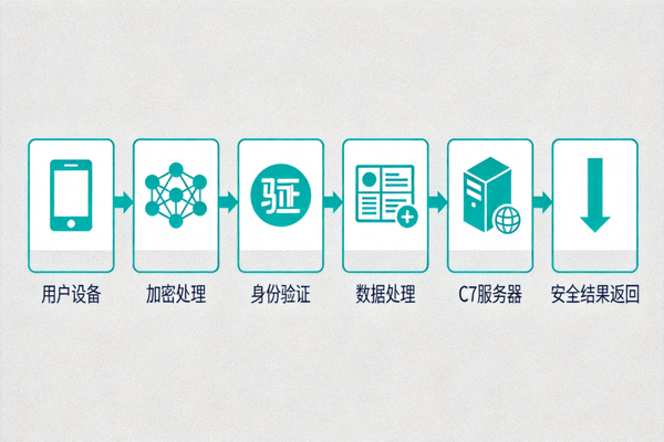 信息图展示了数据从用户设备到C7服务器经过加密、验证、处理并返回安全结果的全过程
