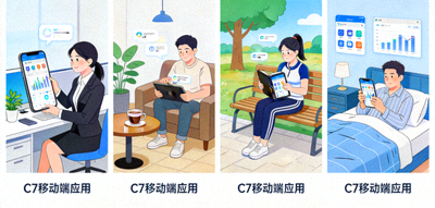 用户在不同场景使用C7移动端应用的示意图，展示随时随地访问的便利性
